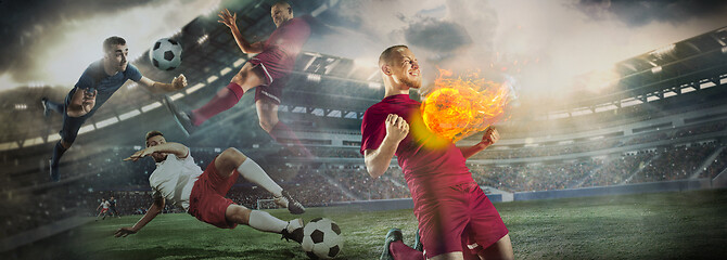 Image showing Close up soccer ball in fire and football players. Creative collage