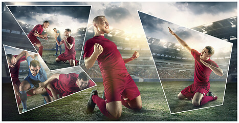 Image showing Close up soccer ball in fire and football players. Creative collage