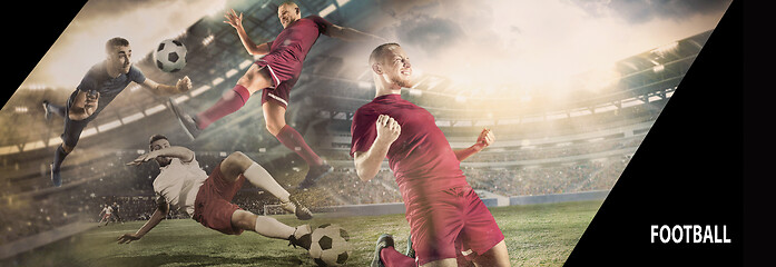 Image showing Close up soccer ball in fire and football players. Creative collage