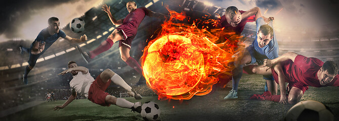 Image showing Close up soccer ball in fire and football players. Creative collage