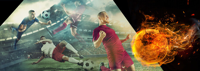 Image showing Close up soccer ball in fire and football players. Creative collage