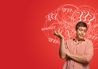 Image showing Young caucasian man with mixed thoughts