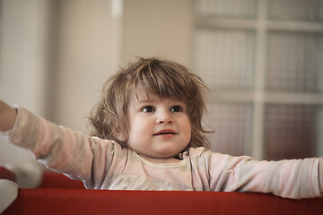 Image showing little baby girl with strange hairstyle and curlers