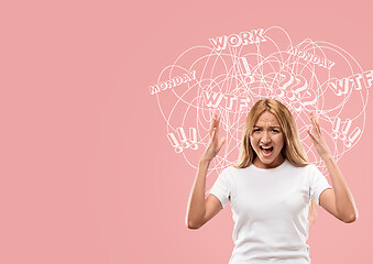 Image showing Young caucasian woman with mixed thoughts