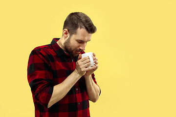 Image showing Half-length close up portrait of young man on yellow background.