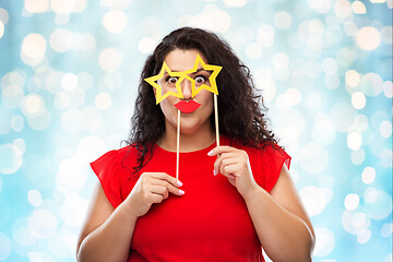 Image showing funny woman with star shaped glasses and red lips