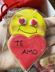 Image showing Valentines Day cookie with red heart and yellow smiling face