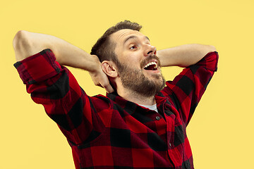 Image showing Half-length close up portrait of young man on yellow background.