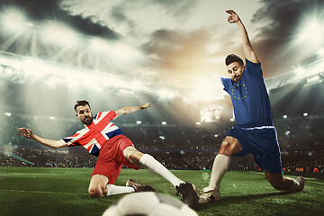 Image showing Football or soccer players colored in United Kingdom and European Unity flags