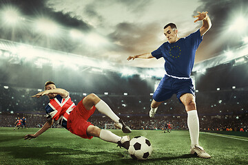 Image showing Football or soccer players colored in United Kingdom and European Unity flags