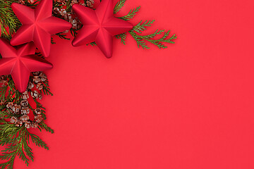 Image showing Christmas Background Border with Cedar and Red Star Baubles