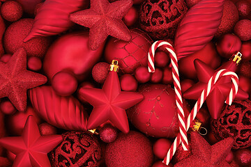 Image showing Candy Cane and Red Bauble Christmas Background