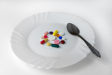 Image showing A bunch of pills on a plate