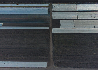 Image showing Aerial photo plowed field with greenhouses