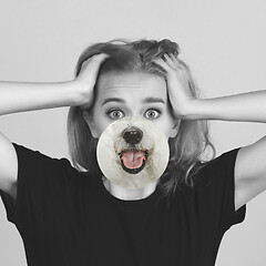 Image showing Contemporary artwork collage concept. Portrait of woman with pet\'s tongue sticked out, bw style