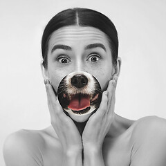 Image showing Contemporary artwork collage concept. Portrait of woman with pet\'s tongue sticked out, bw style