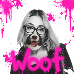 Image showing Contemporary artwork collage concept. Portrait of woman with pet\'s tongue sticked out, graffity style