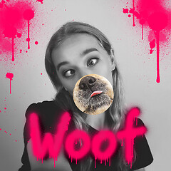 Image showing Contemporary artwork collage concept. Portrait of woman with pet\'s tongue sticked out, graffity style