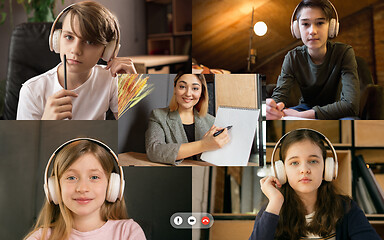 Image showing Group of kids, class studying by group video call, use video conference with each other and teacher