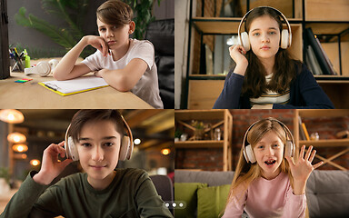 Image showing Group of kids, class studying by group video call, use video conference with each other