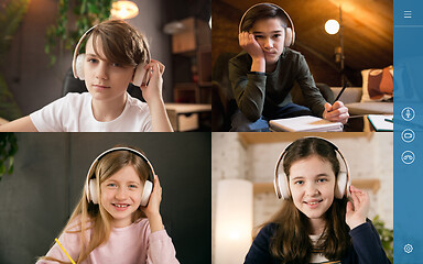 Image showing Group of kids, class studying by group video call, use video conference with each other