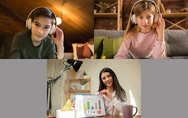 Image showing Group of kids, class studying by group video call, use video conference with each other and teacher