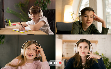 Image showing Group of kids, class studying by group video call, use video conference with each other