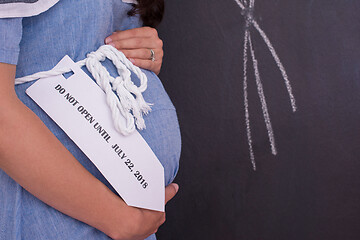 Image showing Portrait of pregnant woman in front of black chalkboard