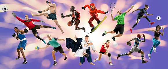 Image showing Sport collage about athletes or players. The tennis, running, badminton, volleyball.