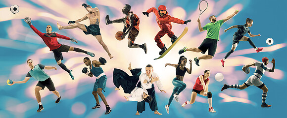 Image showing Sport collage about athletes or players. The tennis, running, badminton, volleyball.