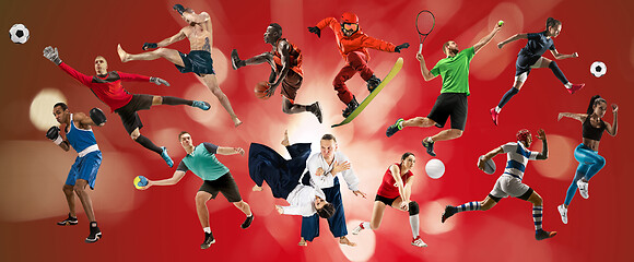 Image showing Sport collage about athletes or players. The tennis, running, badminton, volleyball.