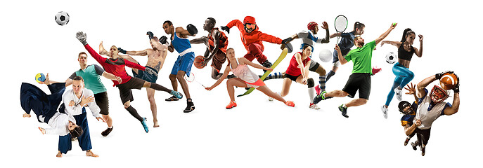 Image showing Sport collage about athletes or players. The tennis, running, badminton, volleyball.