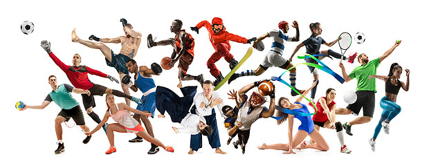 Image showing Sport collage about athletes or players. The tennis, running, badminton, volleyball.