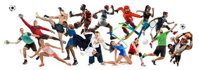 Image showing Sport collage about athletes or players. The tennis, running, badminton, volleyball.