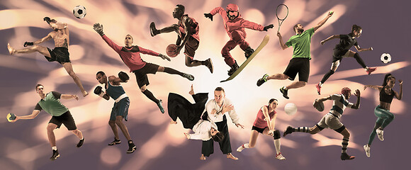 Image showing Sport collage about athletes or players. The tennis, running, badminton, volleyball.