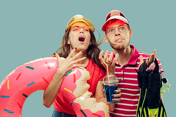 Image showing Beautiful couple isolated on blue studio background