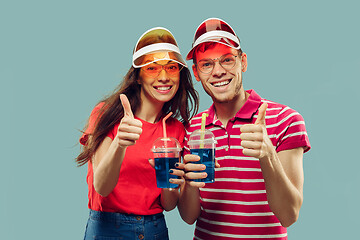 Image showing Beautiful couple isolated on blue studio background