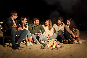 Image showing group of friends sitting at camp fire on beach