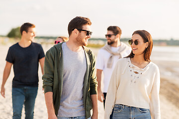 Image showing happy friends walking along summer beach