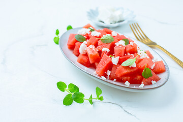 Image showing Summer salad with watermelon, feta cheese and mint