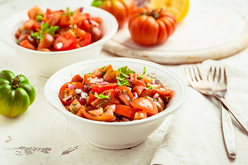 Image showing Mexican Pico de Gallo with ingredients - tomato salad with onion, parsley, coriander