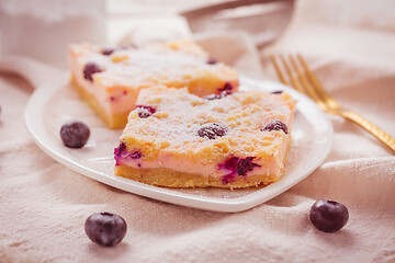 Image showing Homemade Layer Cheesecake with blueberries