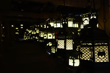 Image showing Lanterns lighting in the dark, Kasuga-Taisha Shrine, Nara, Japan