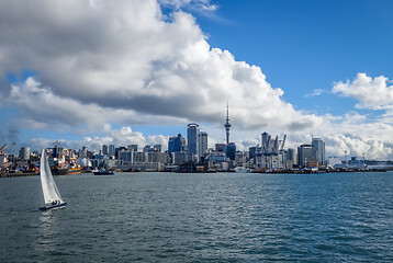 Image showing Auckland view from the sea and sailing ship, New Zealand