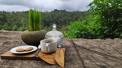 Image showing Coffee and tea testing on the wood table Bali