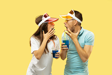 Image showing Beautiful couple isolated on yellow studio background