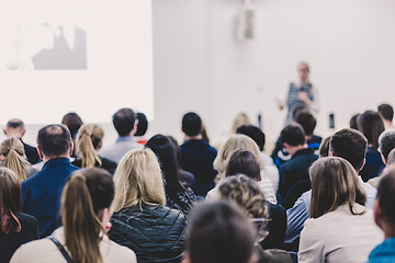 Image showing Woman giving presentation on business conference.