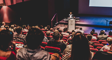 Image showing Business speaker giving a talk at business conference event.