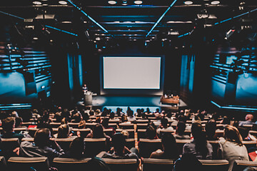 Image showing DEFOCUSED image of speaker giving a talk in conference hall at business event.