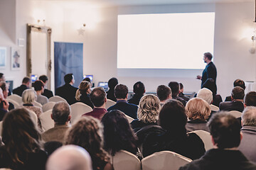 Image showing Public speaker giving talk at Business Event.